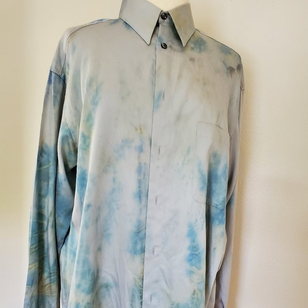 Men's Painted tie dye collared work Shirt cotton grey gray blue green yellow med